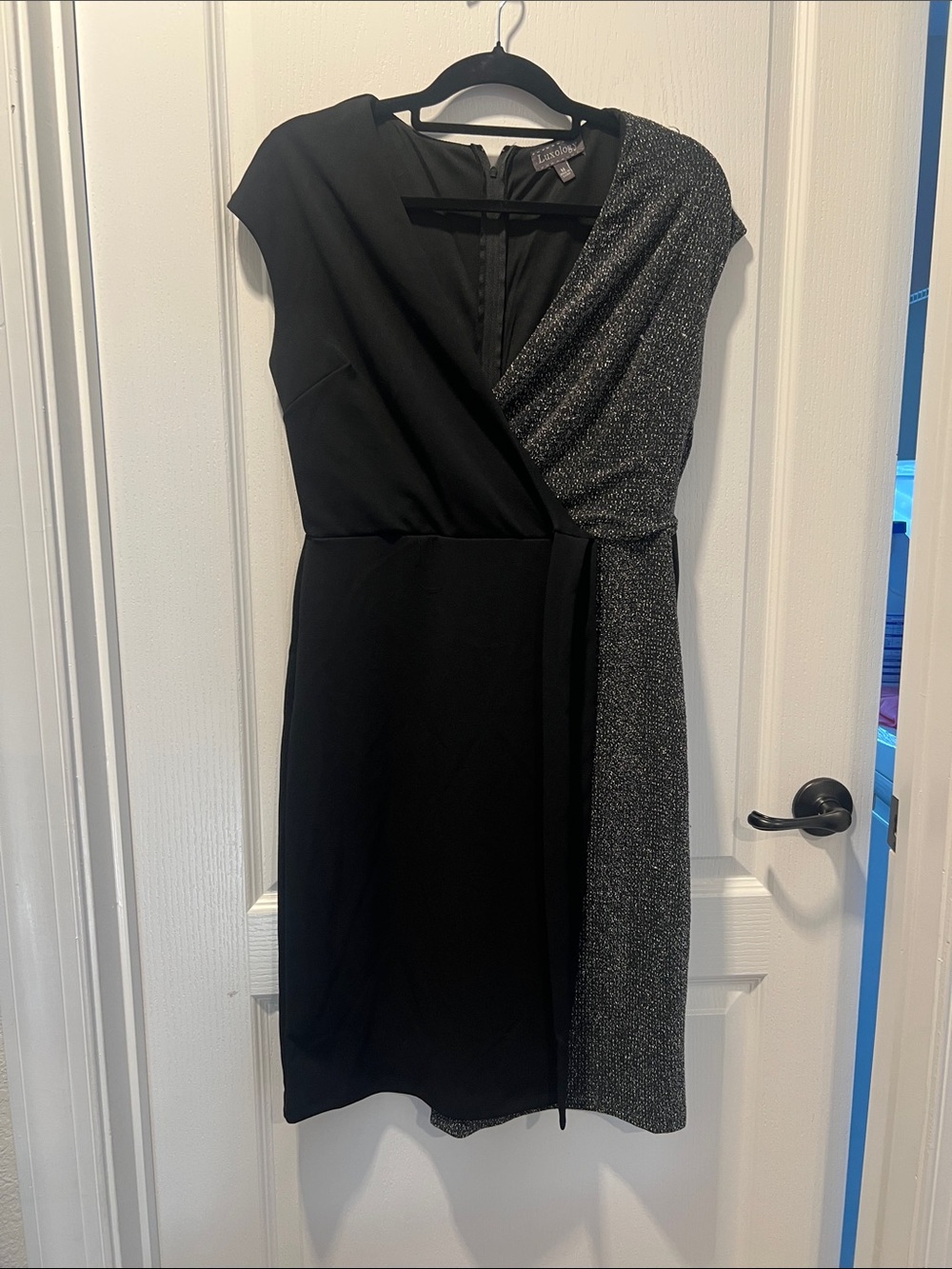 Luxology Black and Silver Wrap-Front Sheath Dress